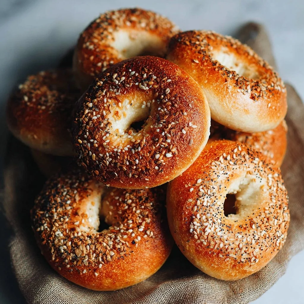 Close-up of homemade sourdough bagels fresh out of the oven