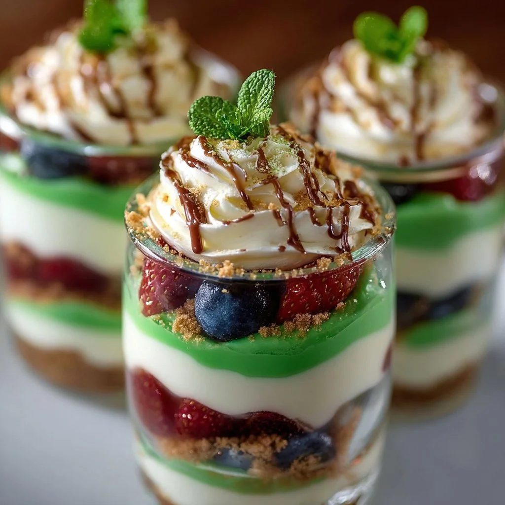 Colorful spring dessert parfaits with fruits and creamy layers in glasses