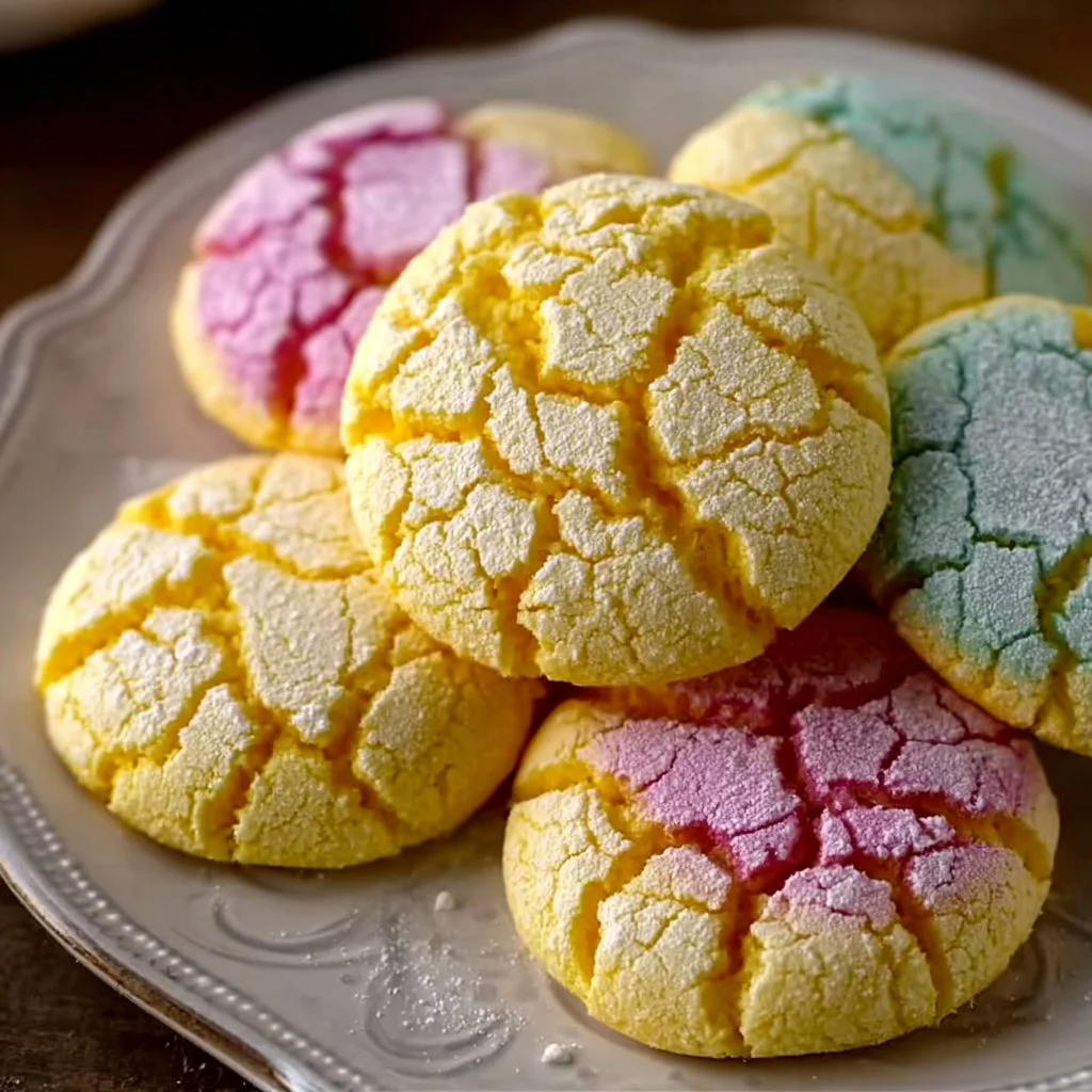 Freshly baked springtime crinkle cookies dusted with powdered sugar