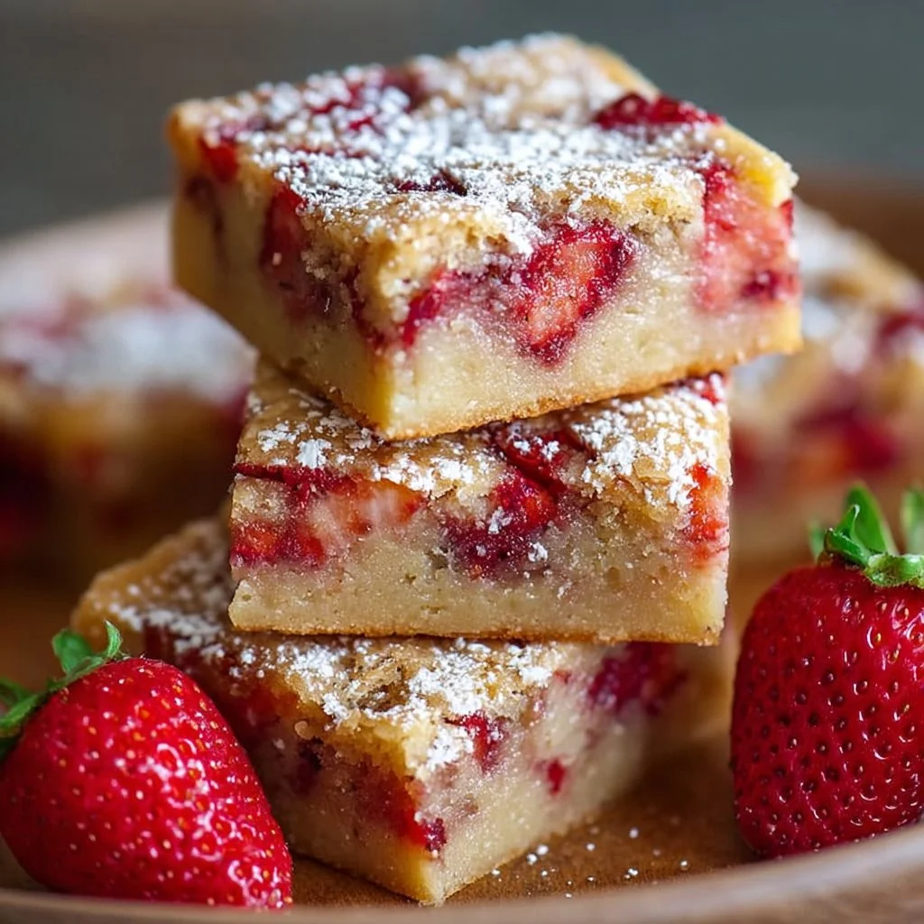 Delicious strawberry blondies topped with fresh strawberries and drizzled caramel.