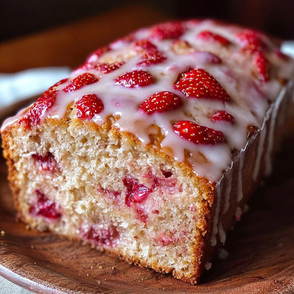 Freshly baked strawberry bread with strawberries on a wooden table.