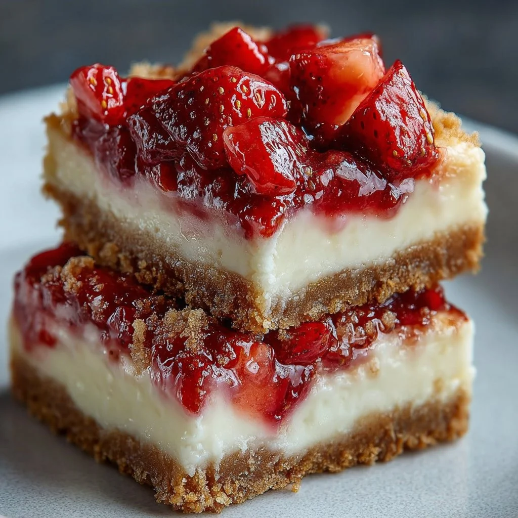 Delicious strawberry cheesecake bars topped with fresh strawberries and whipped cream.