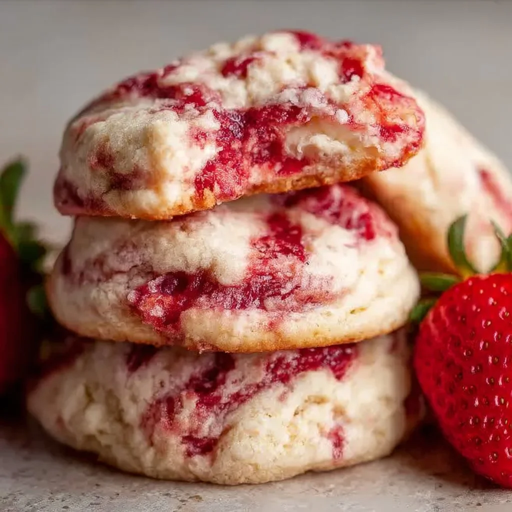 Strawberry Cheesecake Cookies topped with fresh strawberries and cream cheese frosting.