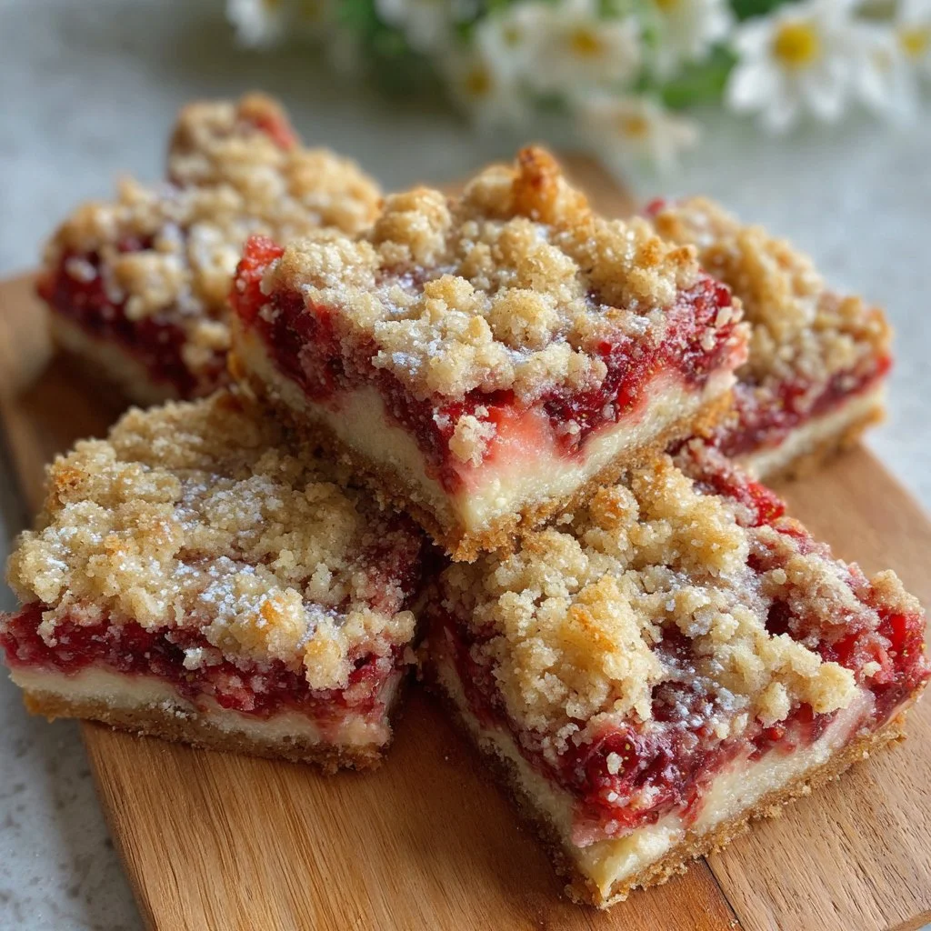 Delicious strawberry cheesecake crumb bars on a plate
