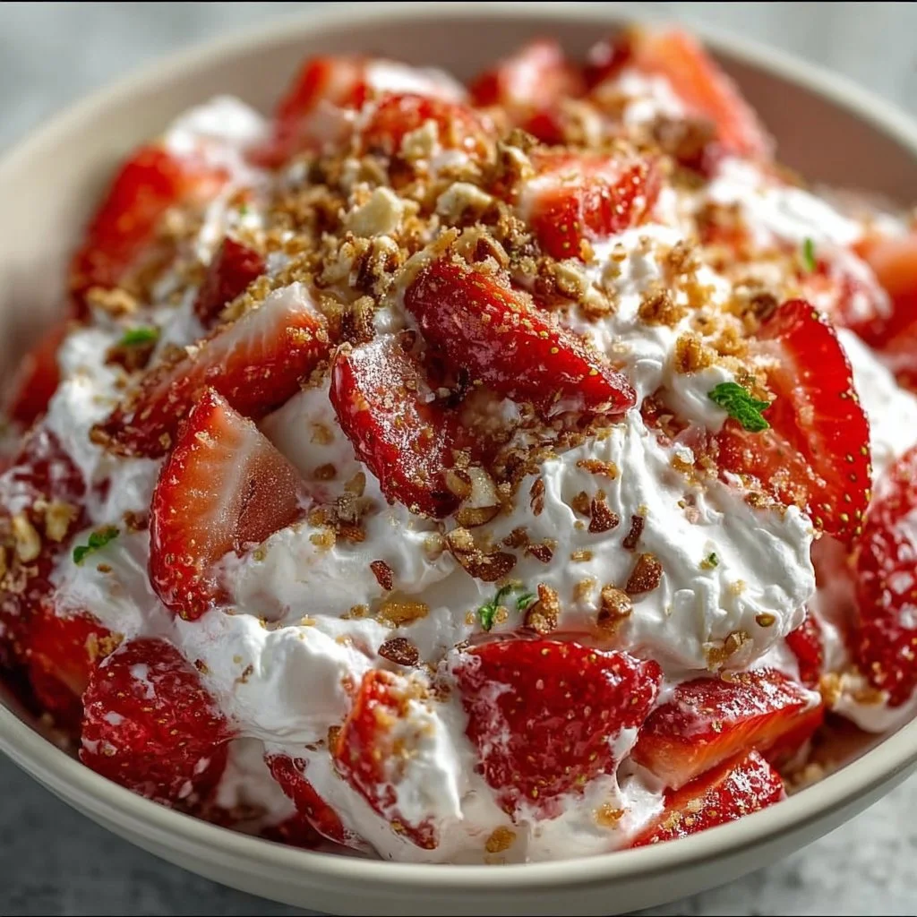 Colorful Strawberry Crackle Salad with fresh strawberries and crispy toppings