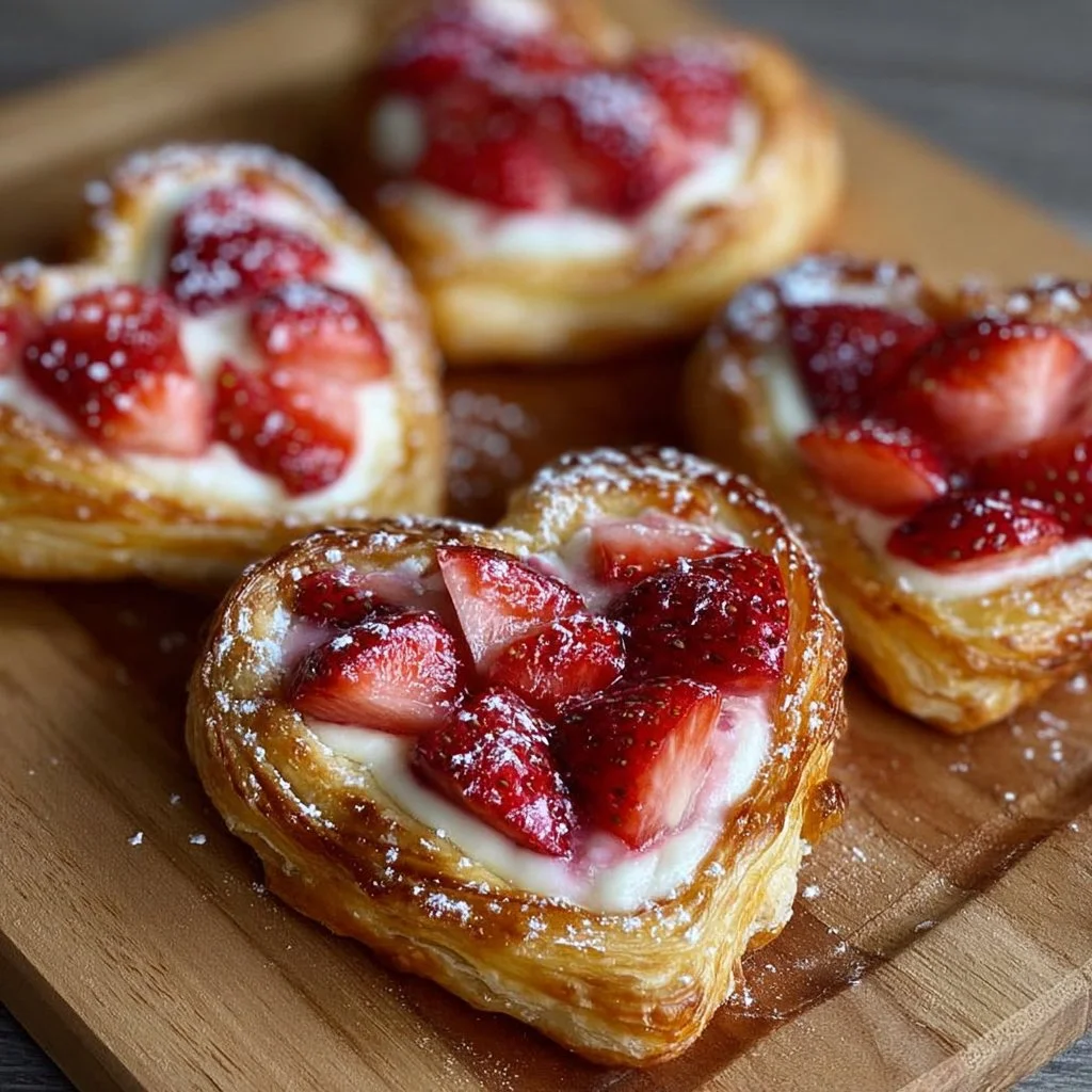 Heart-shaped Strawberry Cream Cheese Danishes on a plate