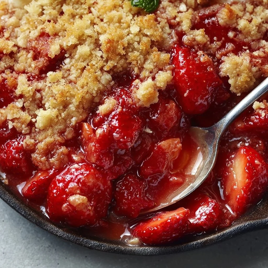 Delicious homemade strawberry crisp dessert with a crunchy topping