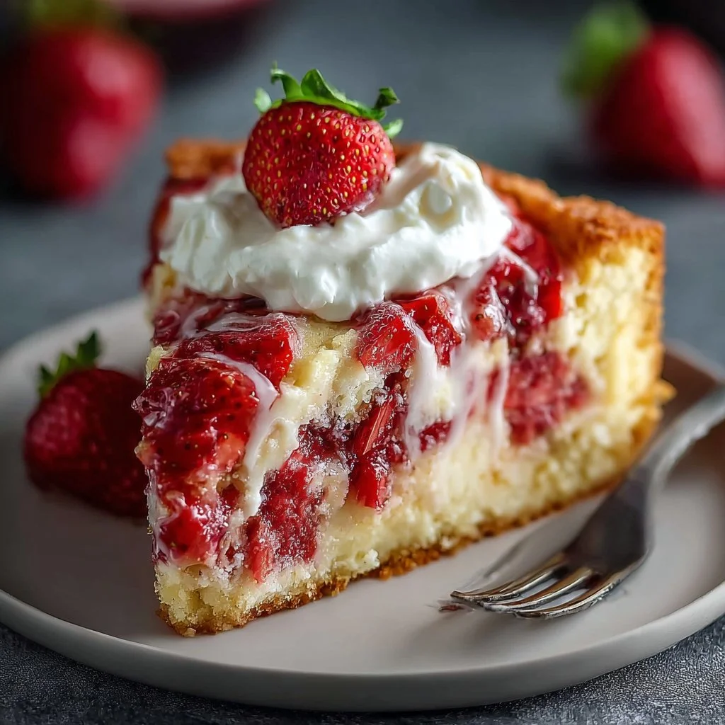 Delicious Strawberry Earthquake Cake with strawberries and creamy frosting