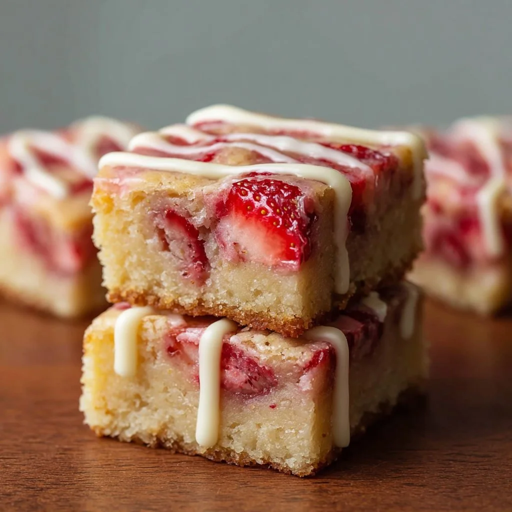 Freshly baked Strawberry Lemon Blondies cut into squares.