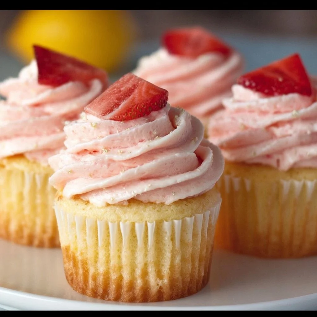 Strawberry lemonade cupcakes topped with citrus frosting and fresh strawberries