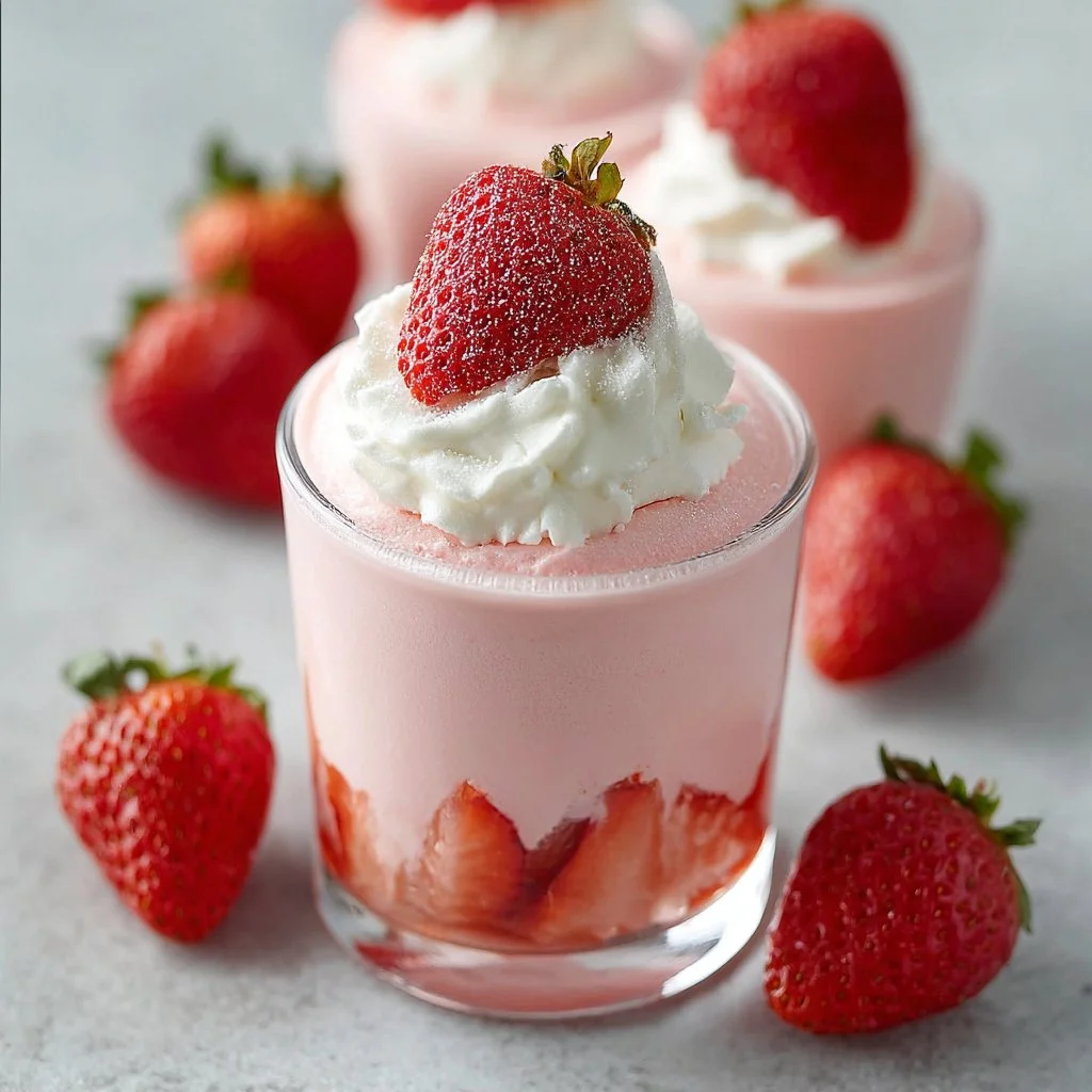 Delicious strawberry mousse in a dessert bowl with fresh strawberries on top.