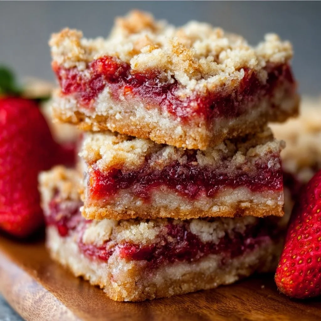 Freshly baked strawberry oatmeal crumble bars on a wooden table