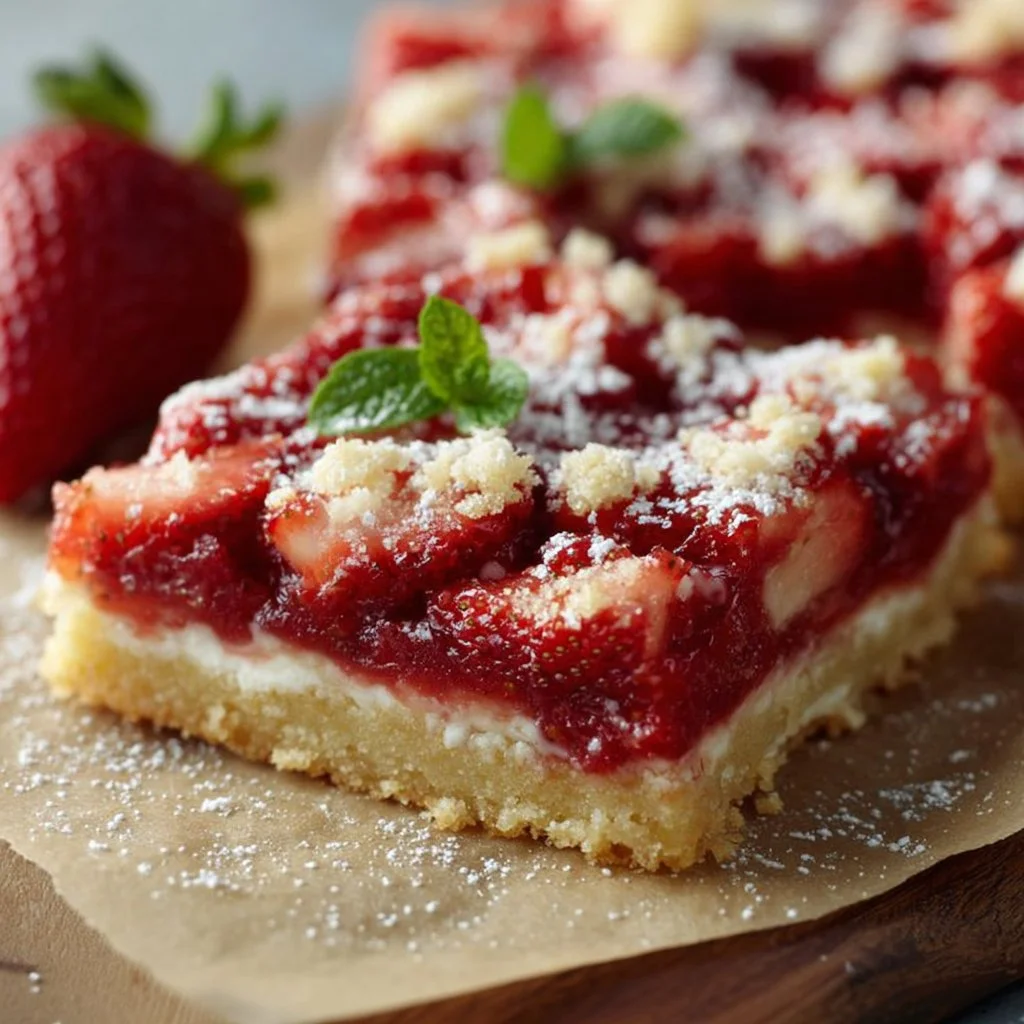 Delicious homemade strawberry pie bars with fresh strawberries and crumbly crust