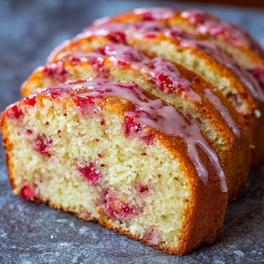 Slice of homemade strawberry pound cake with fresh strawberries on top