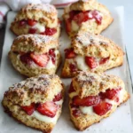Freshly baked strawberry scones on a wooden table