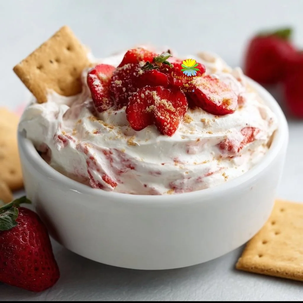 Delicious strawberry shortcake dip served in a bowl with fresh strawberries.