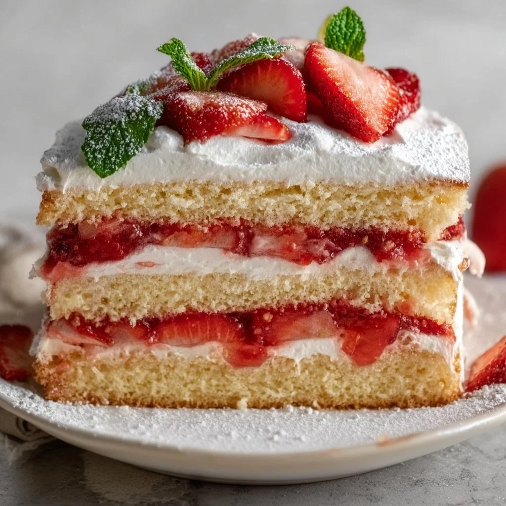 Strawberry shortcake layer cake with fresh strawberries and whipped cream