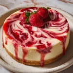 Delicious Strawberry Swirl Cheesecake topped with fresh strawberries.
