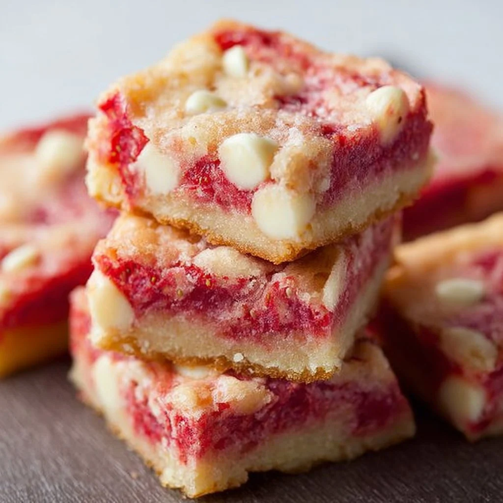 Delicious Strawberry White Chocolate Gooey Bars with fresh strawberries