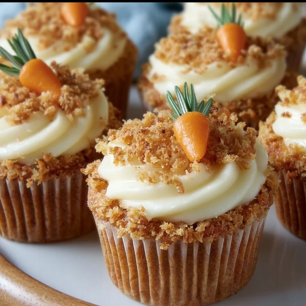 Deliciously moist carrot cupcakes with cream cheese frosting on a plate