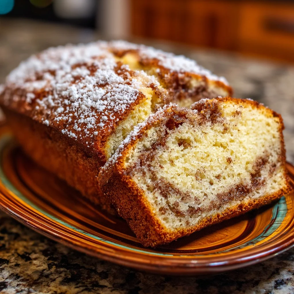 Loaf of freshly baked Amish Cinnamon Bread with a dusting of cinnamon sugar