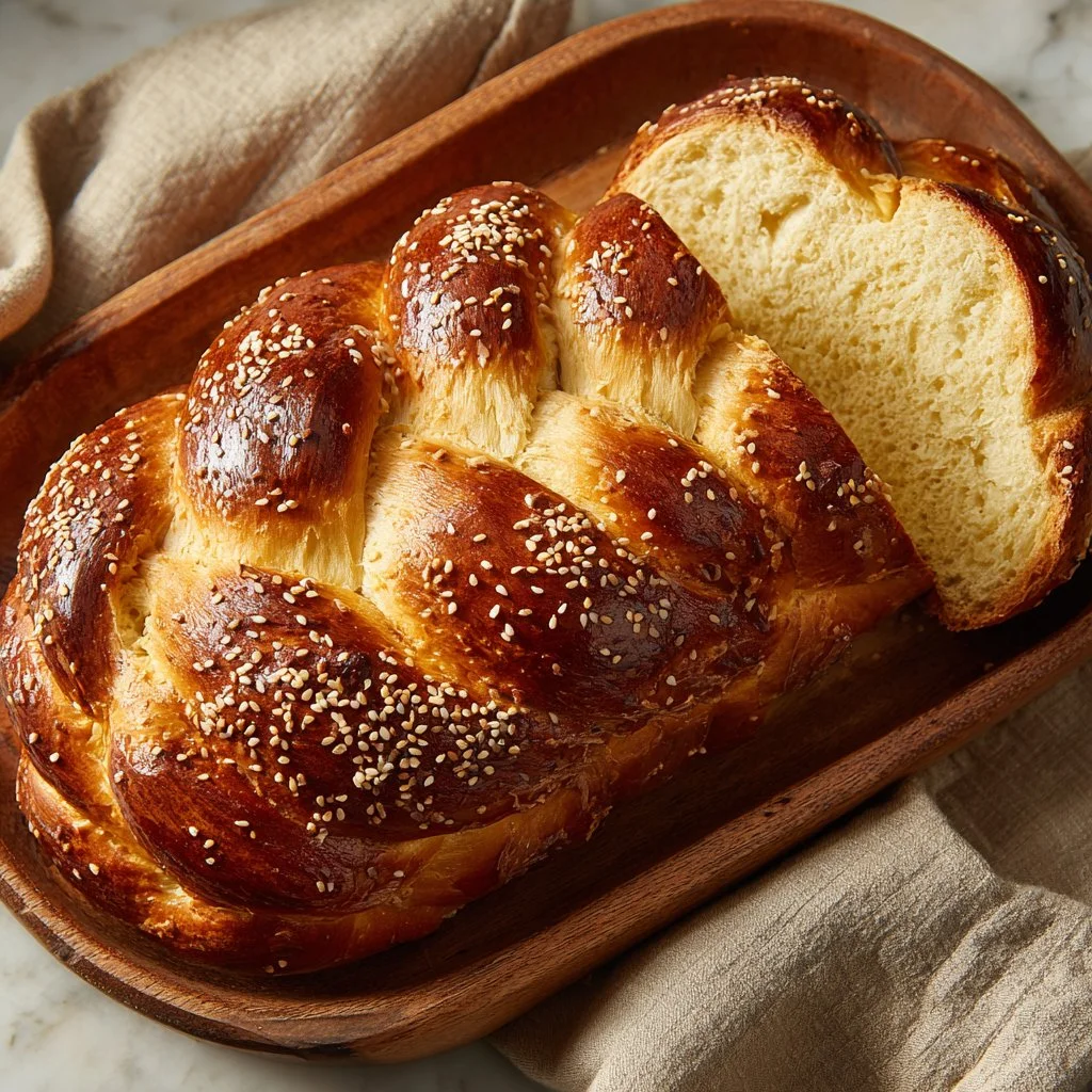 Freshly baked challah bread on a wooden cutting board