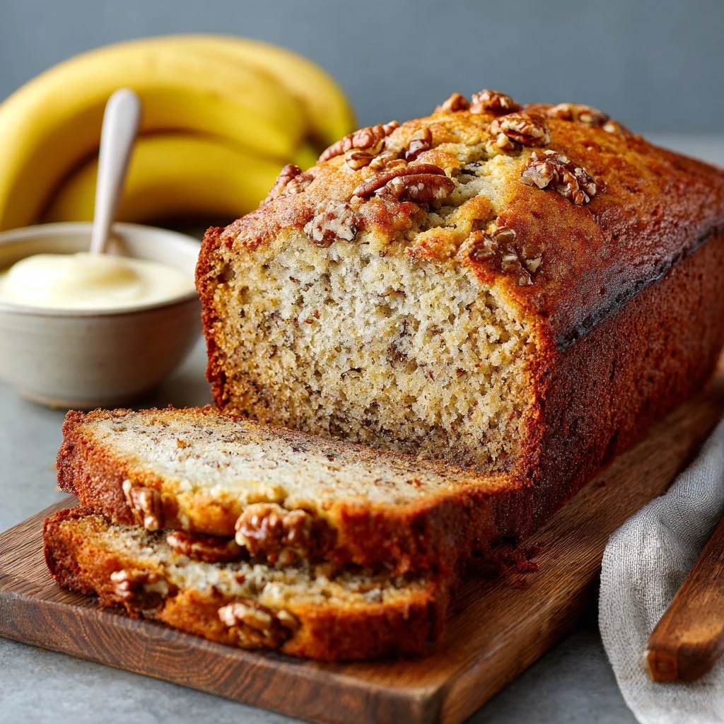 Deliciously moist banana bread fresh out of the oven with ripe bananas and nuts