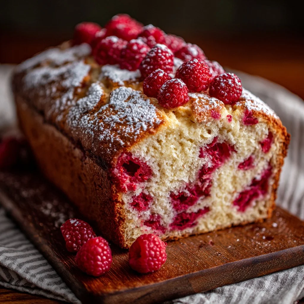 Delicious homemade raspberry bread with fresh berries inside
