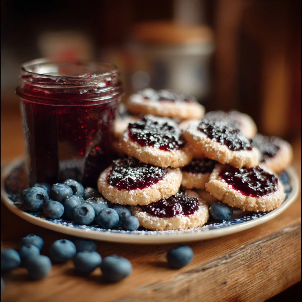 Blueberry cookies topped with homemade jam on a decorative plate
