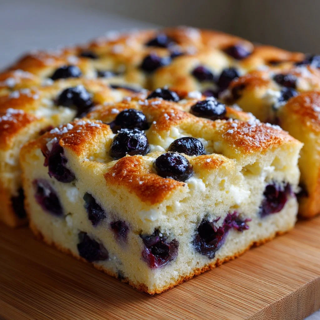 Freshly baked Blueberry Focaccia Bread with blueberries and herbs