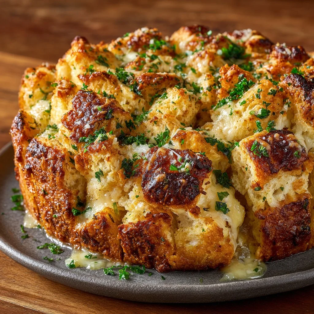 Cheesy Garlic Pull-Apart Bread fresh out of the oven, warm and gooey.