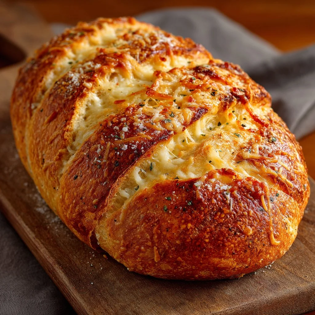 Cheesy Italian bread fresh out of the oven, golden and delicious.