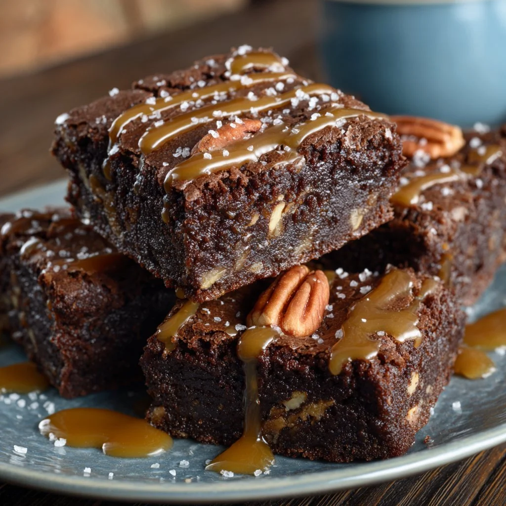 Delicious Chocolate Turtle Brownies topped with caramel and pecans