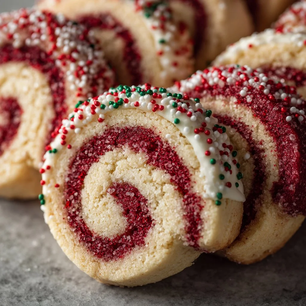 Colorful Christmas pinwheel cookies arranged on a festive plate.
