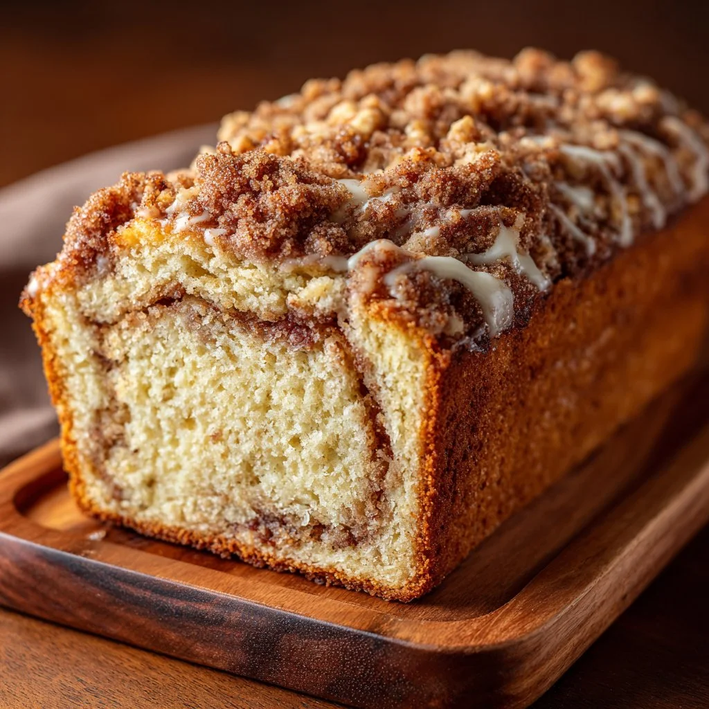 Loaf of fresh Cinnamon Streusel Bread with a crunchy topping on a wooden table