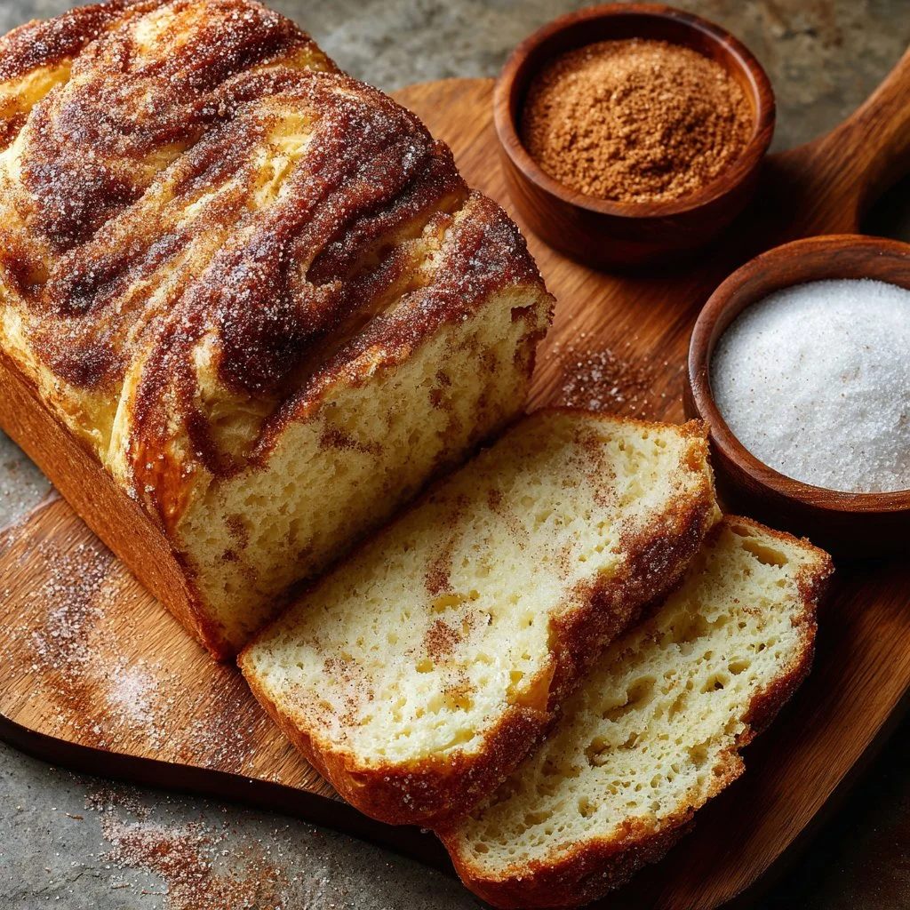 Freshly baked cinnamon sugar bread with a crispy topping and soft interior.