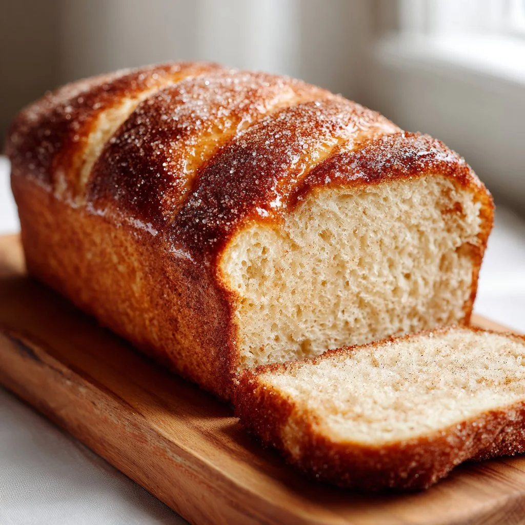 Sliced cinnamon sugar donut bread on a wooden table