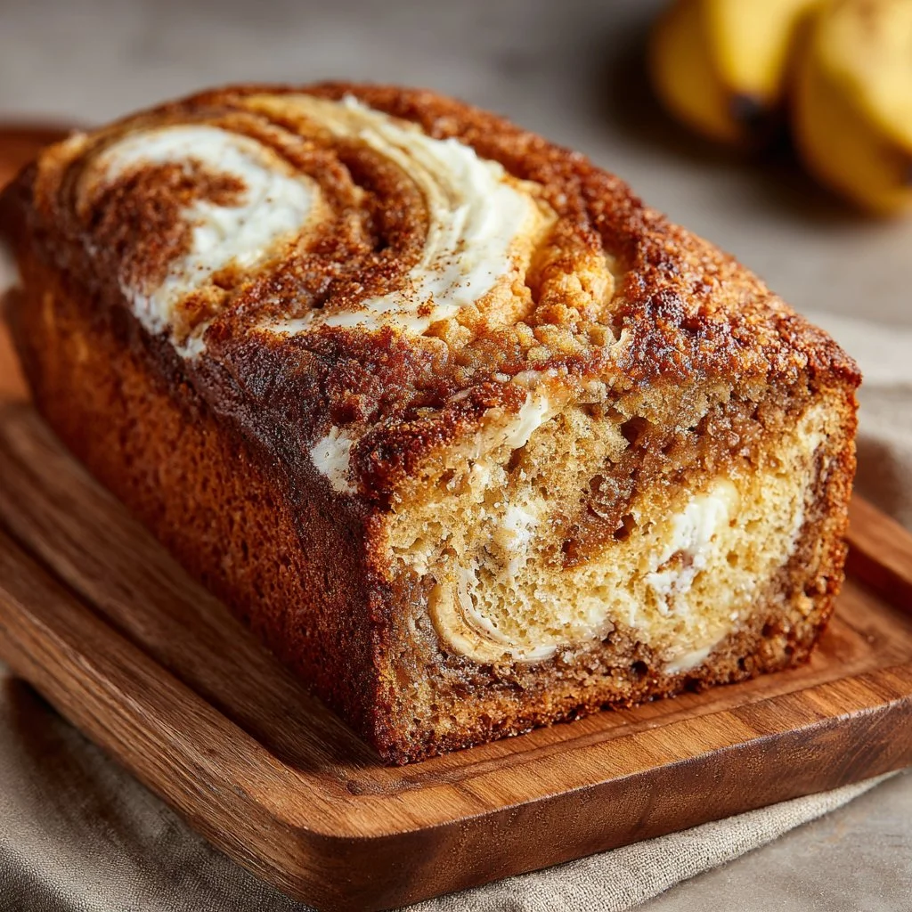 Sliced cream cheese cinnamon swirl banana bread on a wooden board