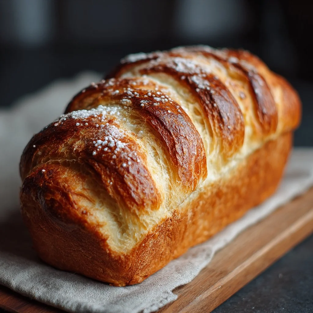 Croissant bread loaf showcasing flaky layers and a golden crust