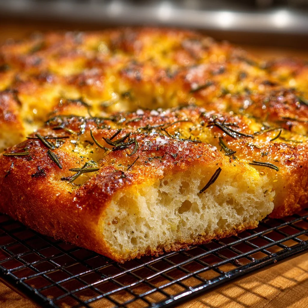 Homemade focaccia bread with herbs and olive oil on a wooden cutting board.