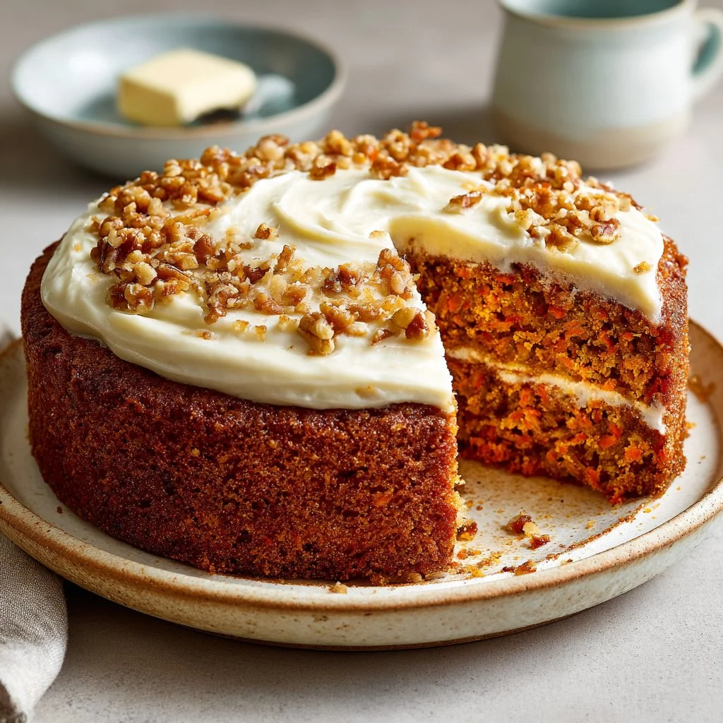 Delicious homemade carrot cake topped with cream cheese frosting