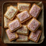 Frosted strawberry pop-tart cookies with sprinkles on a plate