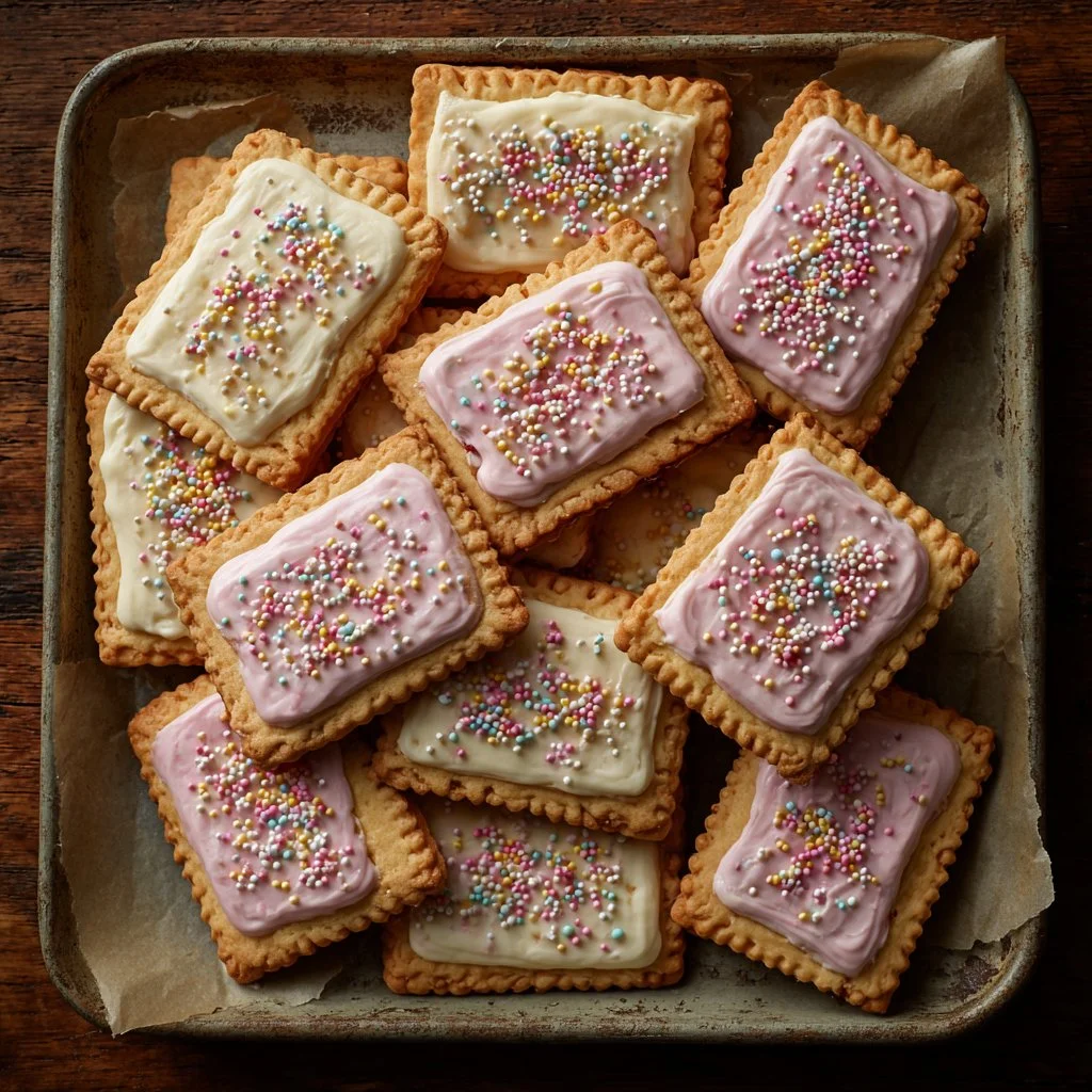 Frosted strawberry pop-tart cookies with sprinkles on a plate