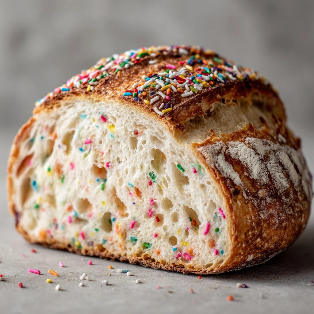 Colorful slice of Funfetti Sourdough Bread with sprinkles