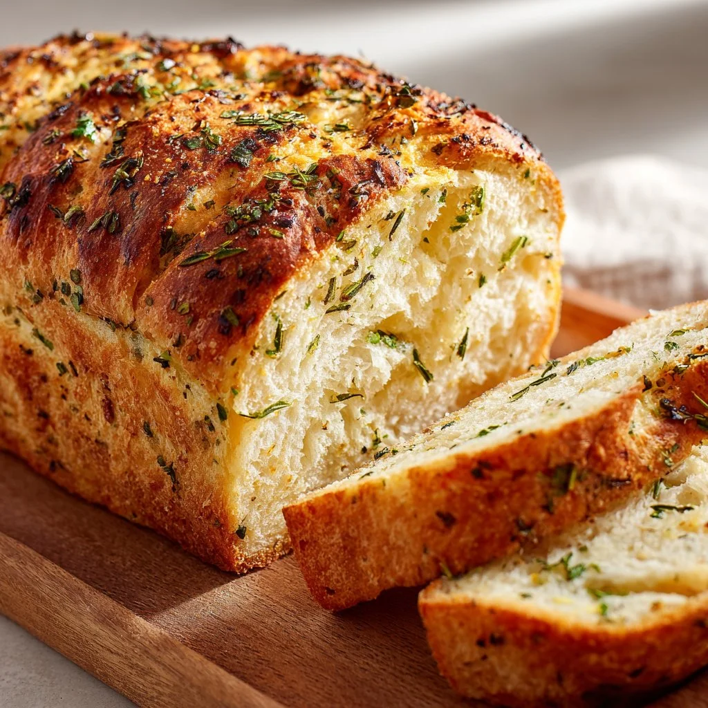 Freshly baked Garlic Herb Bread with a golden crust and seasoned top