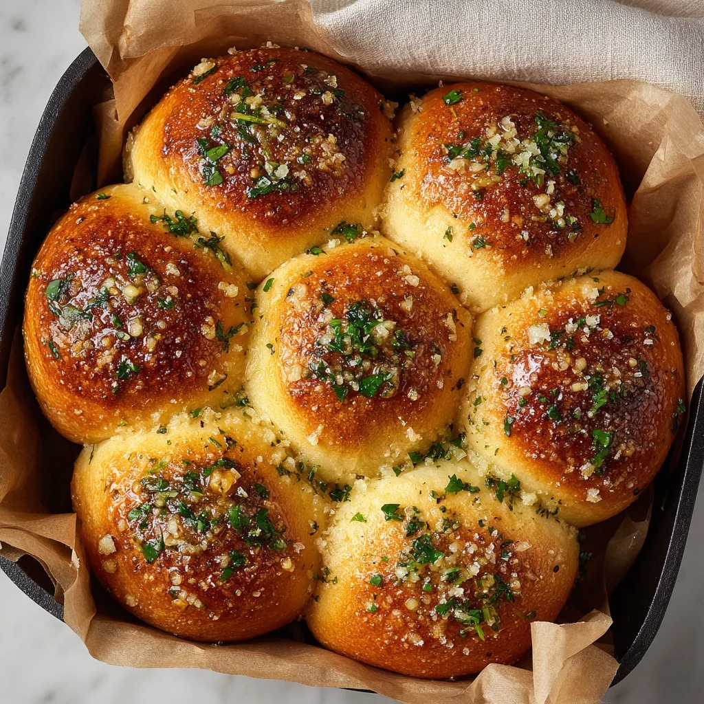 Freshly baked garlic bread rolls served on a wooden board