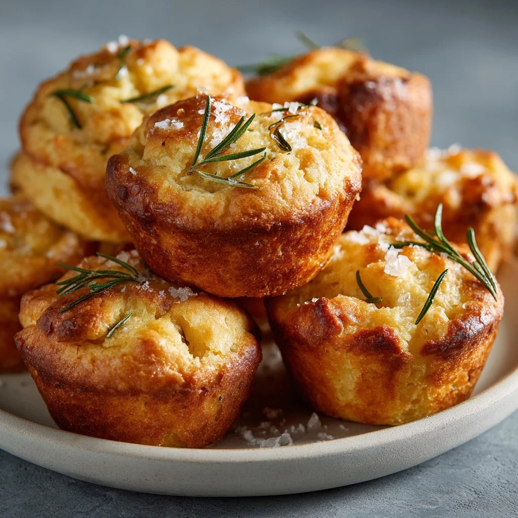 Freshly baked Garlic Rosemary Focaccia Muffins on a wooden board