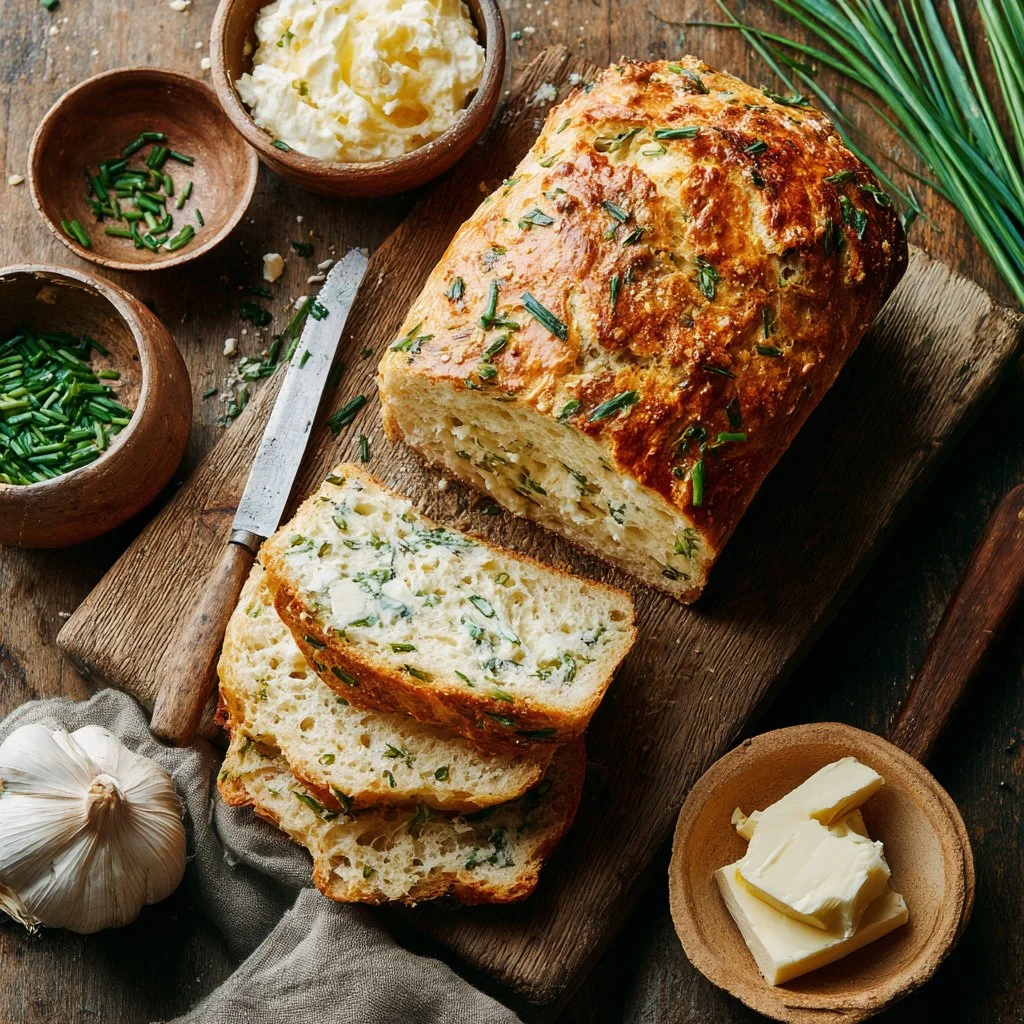 Loaf of sour cream chive bread fresh from the oven, perfect for cozy meals.
