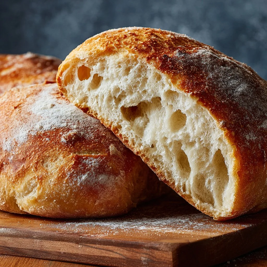 Freshly baked homemade ciabatta bread with a crispy crust and soft interior.