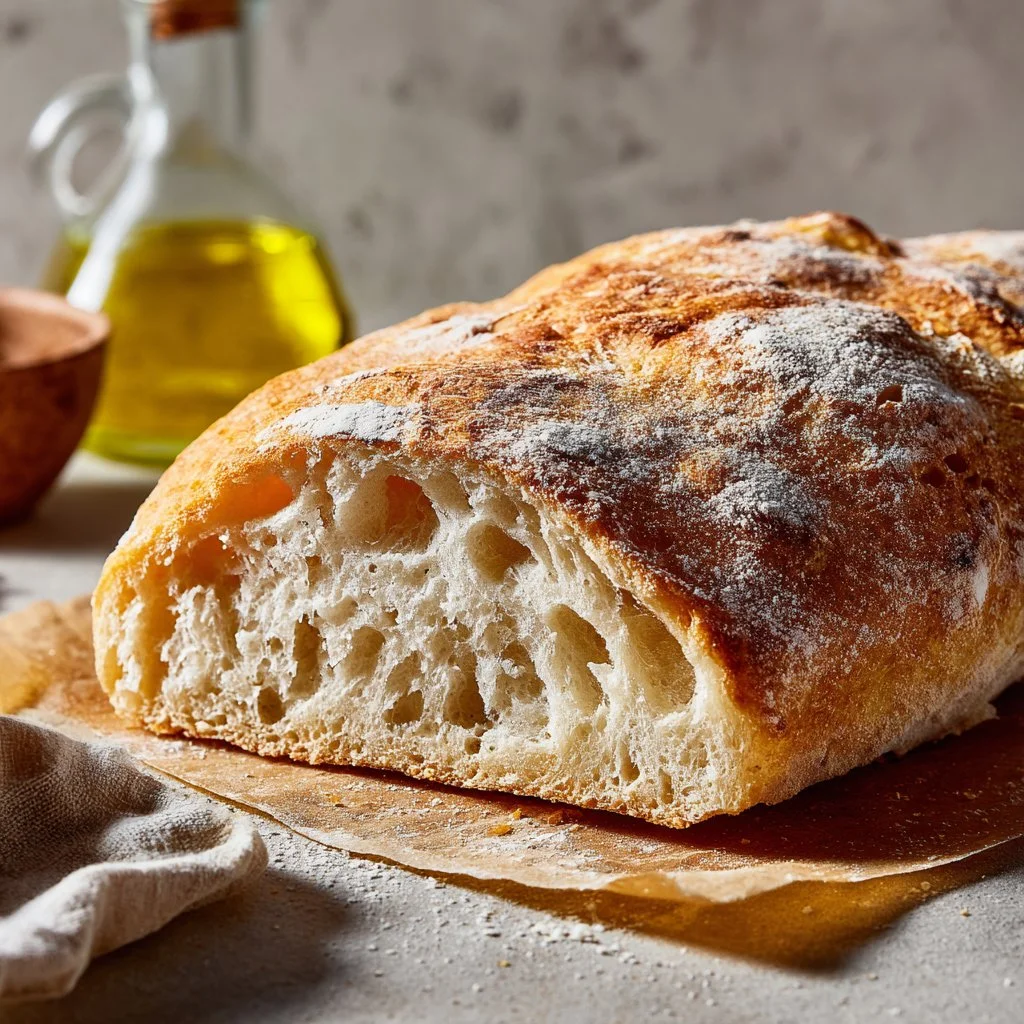 Freshly baked homemade ciabatta bread with a crispy crust and soft texture
